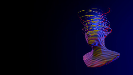 3d digital abstract human face on a dark background. futuristic face cut into colored slices. metave