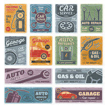 Retro Car Metal Signs, Garage, Fuel, Auto Service Posters. Gasoline Station And Repair Service Signs Vector Illustration Set. Rusty Old Plates