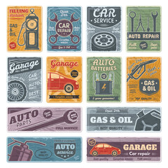 Retro car metal signs, garage, fuel, auto service posters. Gasoline station and repair service signs vector illustration set. Rusty old plates