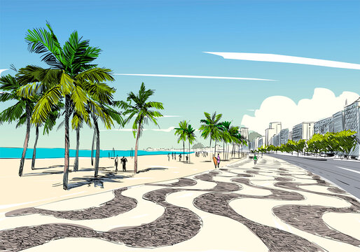 copacabana beach. rio de janeiro. brazil. hand drawn city sketch. vector illustration.
