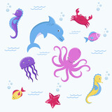 Fototapeta Pokój dzieciecy - Set of vector marine animals. Marine characters. Illustration for children, education, preschool kids.