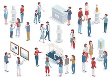 Isometric Museum Tour, Exhibition Visitors And Curator Characters. Guides Show Tourists Ancient Artifacts Vector Illustration Set. Art Objects And Antique Statue