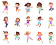 © WinWin - Children jumping, happy cute little cartoon kids. Excited children having fun together vector illustration set. Boys and girls playing