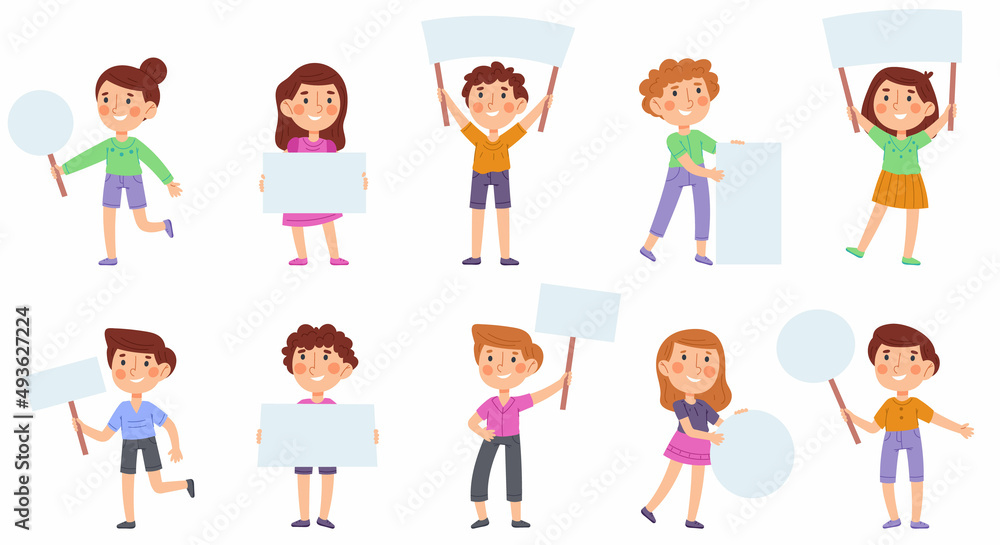 Cartoon kids hold banners, cute children with blank placards. Little ...