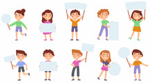Cartoon Kids Hold Banners, Cute Children With Blank Placards. Little Boys And Girls Holding Blank Paper Banners Vector Illustration Set. Children With Advertising Posters