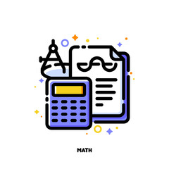 Icon of calculator and documents for math science or financial statement concepts. Flat filled outline style. Pixel perfect 64x64. Editable stroke