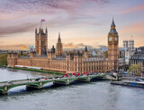 Fototapeta Londyn - London cityscape with Houses of Parliament and Big Ben tower at sunset, UK