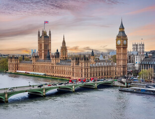 Wall Mural - London cityscape with Houses of Parliament and Big Ben tower at sunset, UK