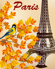 Autumn Leaves And Eiffel Tower.Colored Vector Illustration With Autumn Leaves, Bird And Eiffel Tower On A Colored Background.