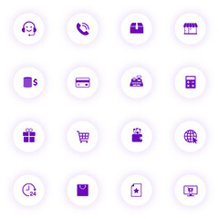 Wall Mural - e commerce purple color vector icons on light round buttons with purple shadow. e commerce icon set for web, mobile apps, ui design and print