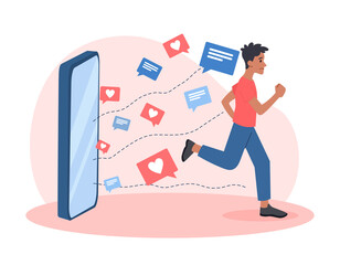 Concept of person overwhelmed by internet notifications. Young man runs away from large smartphone with messages, likes, speech bubble and social networks. Cartoon modern flat vector illustration