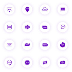 Wall Mural - new stickers purple color vector icons on light round buttons with purple shadow. new stickers icon set for web, mobile apps, ui design and print