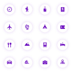 travel tourism purple color vector icons on light round buttons with purple shadow. travel tourism icon set for web, mobile apps, ui design and print