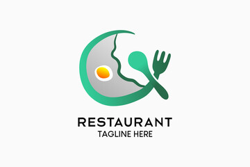 Wall Mural - Restaurant logo design with creative hand drawing concept, spoon and fork combined with egg icon in a circle. Modern vector illustration