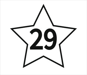 number 29. black vector with star and white background.