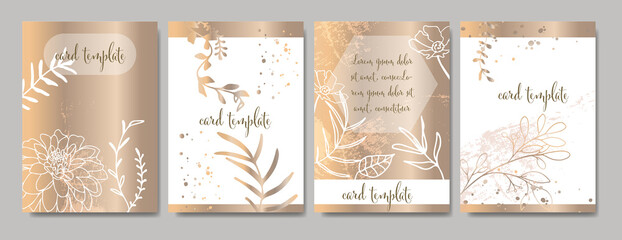 Plant cards, modern card with grasses and flowers and other floral elements. With metallic shine and textured effects. Minimal design. Elegant template. All elements are isolated and editable.