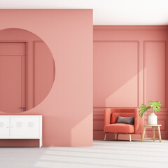 Stylish living pink tone room interior of modern apartment and trendy furniture, armchair on carpet floor and void circle wall and elegant accessories. Home decor, 3D render, 3D illustration