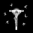 © desertsands - Jesus Christ crucified and raven or crow birds flock flying around him. Modern new age visual interpretation, symbol of Christianity prayer, religion and mystical spiritual experience. Vector.