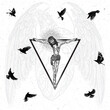 © desertsands - Jesus Christ crucified on sacred geometry triangle tattoo with sacred heart and wings in space. Symbol of Christianity love, prayer and religion. Mystical spiritual experience. Vector.