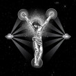 © desertsands - Jesus Christ crucifixion in the starry sky space tattoo. Prophet on sacred geometry with hovering alien UFO with seeing eye beams surreal art. Symbol of modern Christianity prayer and religion Vector.