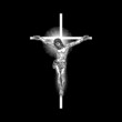 © desertsands - Jesus Christ on the cross with Rays of halo light and beams, symbol of saint. Crucifix drawing. Art tattoo reference template on black background. Religion pride and glory. Good Friday Vector.