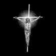 © desertsands - Jesus Christ on the cross with Rays of halo light and beams, symbol of saint. Crucifix drawing. Art tattoo reference template on black background. Religion pride and glory. Good Friday Vector.