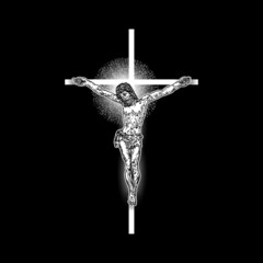 Jesus Christ on the cross with Rays of halo light and beams, symbol of saint. Crucifix drawing. Art tattoo reference template on black background. Religion pride and glory. Good Friday Vector.