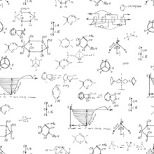 Chemistry Seamless Pattern With Handwriting Of Various Formulas And Molecules Structures And Diagrams. Atom Geometry. College Lectures. Scientific Study As Former Alchemy. Vector.