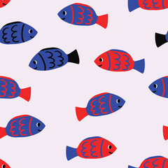 Wall Mural - Seamless pattern with fishes. Hand drawn undersea world. Colorful artistic background. Aquarium. Can be used for wallpaper, textiles, wrapping, card, cover.