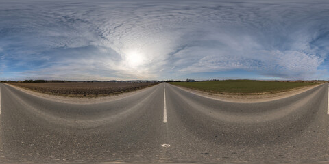 Wall Mural - 360 seamless hdri panorama view on asphalt no traffic road among fields in summer day with awesome c