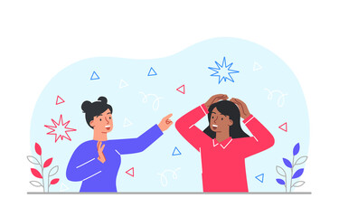 Wall Mural - Surprised woman concept. Girl points finger at others head. Girlfriends communicate, characters discuss new hairstyle. Bright emotions and posters or banners for site. Cartoon flat vector illustration