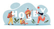 © 100% HAND-CRAFTED - Hobbies and entertainment concept. Large inscription with people playing volleyball, reading book, going camping and playing guitar. Favorite activity and relaxation. Cartoon flat vector illustration