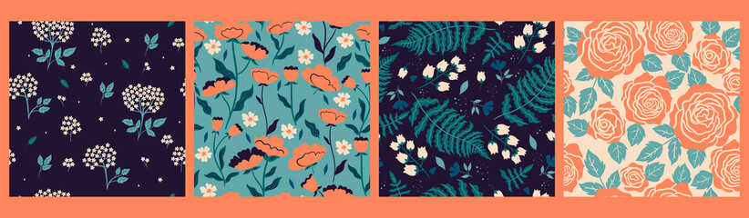 Set of seamless patterns with flowers. Vector graphics.