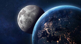 Earth and Moon in space. Earth at night. Moon surface with craters. Planetary Moon. Artemis space program. Elements of this image furnished by NASA