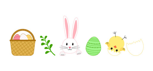 Wall Mural - Easter vector set, cartoon rabbit, bunny and egg hunt, spring basket, chick with shell isolated on white background. Holiday illustration