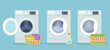 Washing machines with plastic basket with dirty linen, detergent and plastic basket with clean linen. Vector illustration