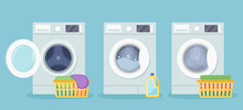 Washing Machines With Plastic Basket With Dirty Linen, Detergent And Plastic Basket With Clean Linen. Vector Illustration