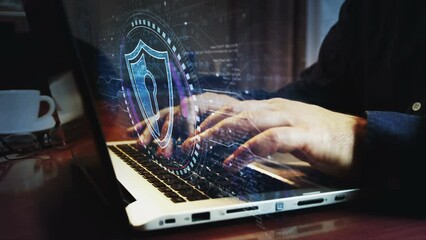 Cyber security, network protection and digital data with shield symbol and man typing computer keyboard. Hands on laptop. Network, cyber technology and background abstract concept.