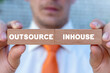 Concept of outsource or inhouse choice. Outsource or insource making decision. Outsourcing Global Recruitment. Human Resources.