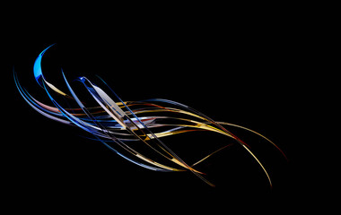 Wall Mural - Abstract twisting glossy shapes at black background, 3D rendering illustration.