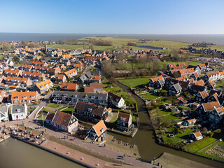 Aerial view on small Dutch town Marken with wooden houses located on former island in North Holland, Netherlands