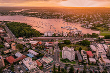 Aerial Drone View Of Cronulla In The Sutherland Shire, South Sydney Looking Above Port Hacking In The Late Afternoon With A Sunset   