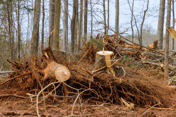 Poster - A wide stump with roots a cutting forest with preparation land for new residential construction