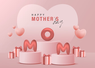 Canvas Print - 3D Realistic Happy Mother's Day Creative Concept for Greeting Card, Banner and Template. Mom balloon words with gift boxes Vector Illustration.