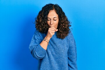 Poster - Middle age hispanic woman wearing casual clothes feeling unwell and coughing as symptom for cold or bronchitis. health care concept.