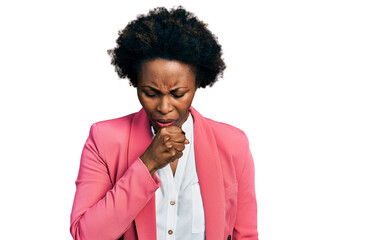 Wall Mural - African american woman with afro hair wearing business jacket feeling unwell and coughing as symptom for cold or bronchitis. health care concept.