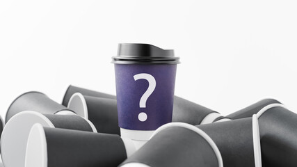 Wall Mural - blue coffee cup standing out among grey cups with question mark