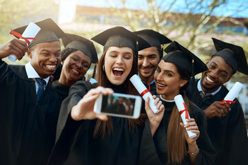 Poster - Working world, here we come. Shot of a group of students taking selfies with a mobile phone on graduation day.