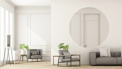 Wall Mural - Stylish living room interior of modern apartment and trendy furniture, gray sofa on parquet wooden floor and elegant accessories. Home decor. Template, 3D render, 3D illustration	
