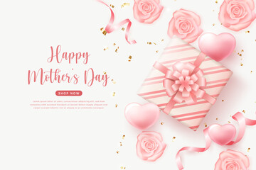 Wall Mural - Happy mother's day 3D red pink love heart rose flower and present gift box with ribbon flower